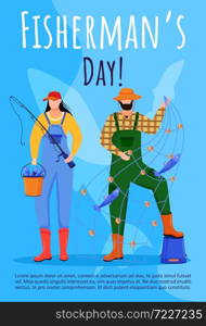 Fisherman day poster vector template. Fishing. Professional holiday celebration. Brochure, cover, booklet page concept design with flat illustrations. Advertising flyer, leaflet, banner layout. Fisherman day poster vector template