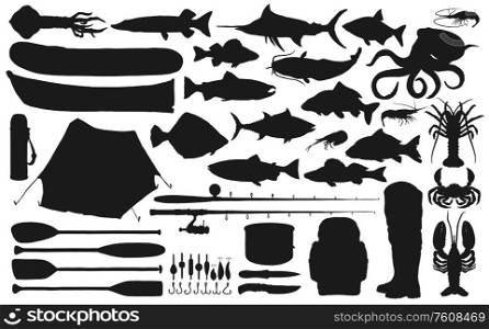 Fisherman equipment, tackle and fish black silhouettes of fishing sport vector design. Fishing rods, hooks and baits, boats, lure, reel and boots, salmon, tuna, perch and crab, octopus and squid. Fishing equipment and tackle with fish silhouettes