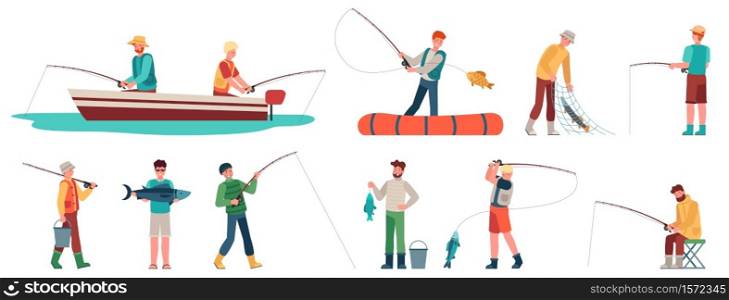 Fisherman. Fisher in boat with spinning, sportsman with fishing accessory and fish, catching fish sport and hobby, vector characters set. Men holding fish in net, bucket with water. Fisherman. Fisher in boat with spinning, sportsman with fishing accessory and fish, catching fish sport and hobby, vector characters set
