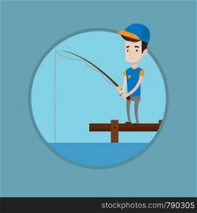 Fisherman fishing on the lake. Caucasian fisherman relaxing during fishing on jetty. Young fisherman standing with fishing-rod. Vector flat design illustration in the circle isolated on background.. Man fishing on jetty vector illustration.