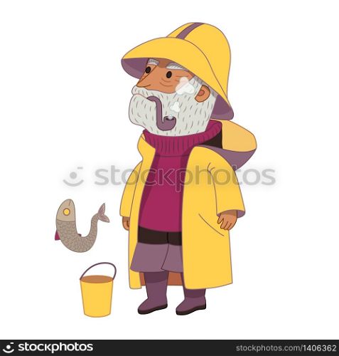 Fisherman, flat cartoon vector illustration, an elderly grey-haired man wearing vintage fisherman hat, raincoat, sweater and boots, with a bucket and a fish, a part of Dodo people collection. Fisherman, Dodo People collection