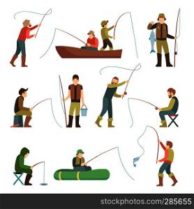 Fisherman flat icons. Fishing people with fish and equipment vector set. Fishing equipment, leisure and hobby catch fish illustration. Fisherman flat icons. Fishing people with fish and equipment vector set