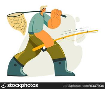 Fisherman hobby, male character wearing special clothes for fishing, carrying net and rod for catching fish. Isolated man on vacation, leisure and rest from work on weekends. Vector in flat style. Man with net and fishing rod, fisherman hobby