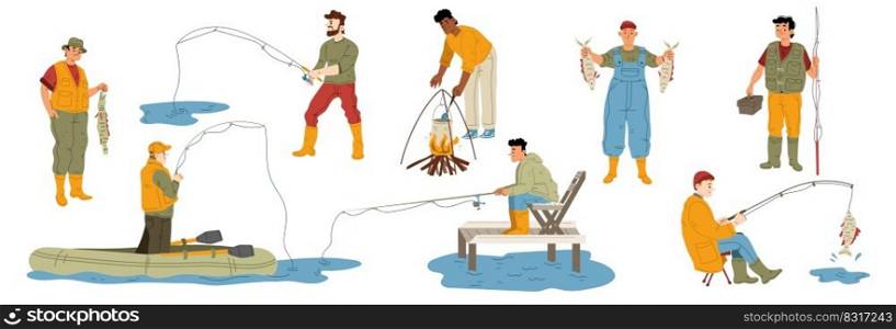 Fisherman hobby set, man fishing in boat, cooking in cauldron. Male character with rod sitting on chair, holding haul. Recreational summertime activity, leisure Cartoon linear flat vector illustration. Fisherman hobby set, man fishing in boat, cooking