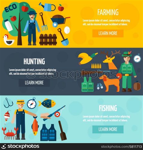 Fisherman Hunting And Farmer Banner Set. Fisherman hunter and farmer with accessories flat horizontal banner set isolated vector illustration