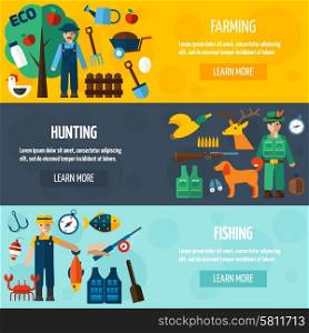 Fisherman Hunting And Farmer Banner Set. Fisherman hunter and farmer with accessories flat horizontal banner set isolated vector illustration