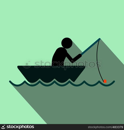 Fisherman in a boat flat icon on a light blue background. Fisherman in a boat flat icon