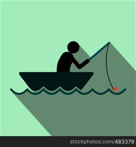 Fisherman in a boat flat icon on a light blue background. Fisherman in a boat flat icon