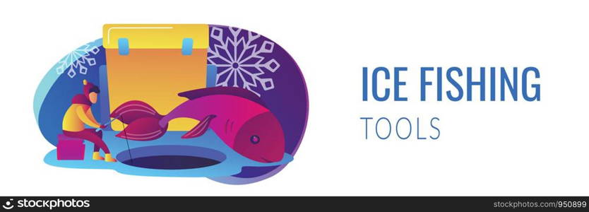 Fisherman in warm clothes with a rod fishing on ice and a huge fish in winter. Ice fishing, ice fishing tools, winter outdoor activities concept. Header or footer banner template with copy space.. Ice fishing concept banner header.