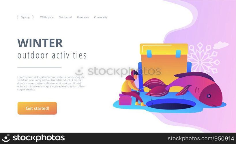 Fisherman in warm clothes with a rod fishing on ice and a huge fish in winter. Ice fishing, ice fishing tools, winter outdoor activities concept. Website vibrant violet landing web page template.. Ice fishing concept landing page.
