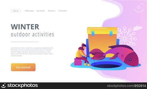 Fisherman in warm clothes with a rod fishing on ice and a huge fish in winter. Ice fishing, ice fishing tools, winter outdoor activities concept. Website vibrant violet landing web page template.. Ice fishing concept landing page.
