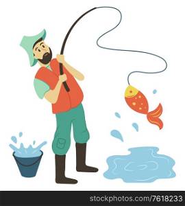 Fisherman pulls out pike from pond, holding fishing-rod with fish. Portrait and full length view of man catching, fishing hobby, pail with water vector. Man Holding Fisher-rod with Pike, Fishing Vector