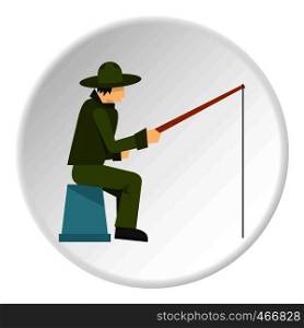 Fisherman sitting with a fishing rod icon in flat circle isolated vector illustration for web. Fisherman sitting with fishing rod icon circle