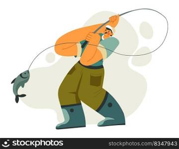 Fisherman with rod catching fish from river water, sea or ocean. Hobby of male character wearing special clothes for hunting. Leisure and sports activities in summer or weekends. Vector in flat style. Man catching fish, hobby of fisherman with rod