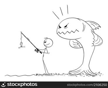 Fisherman with rod fishing and catching small fish, big angry fish standing behind him,vector cartoon stick figure or character illustration.. Fisherman Holding Rod with Small Fish, Big Angry Fish Threatening Him , Vector Cartoon Stick Figure Illustration