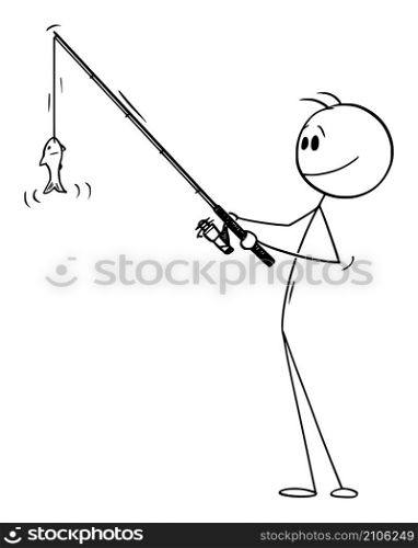 Fisherman with rod fishing and catching small fish, vector cartoon stick figure or character illustration.. Fisherman Holding Rod and Fishing Small Fish , Vector Cartoon Stick Figure Illustration