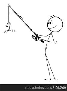 Fisherman with rod fishing and catching small fish, vector cartoon stick figure or character illustration.. Fisherman Holding Rod and Fishing Small Fish , Vector Cartoon Stick Figure Illustration