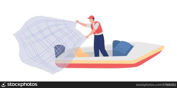 Fisherman with throw net semi flat color vector character. Full body person on white. Catching fish, shrimp on boat isolated modern cartoon style illustration for graphic design and animation. Fisherman with throw net semi flat color vector character