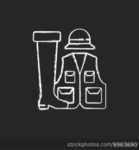 Fishermans clothing and accessories chalk white icon on black background. Specail wearing for comfortable fishing. Hobby and leasure idea. Isolated vector chalkboard illustration. Fishermans clothing and accessories chalk white icon on black background