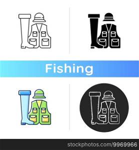 Fishermans clothing and accessories icon. Specail wearing for comfortable fishing. Fishery gear. Hobby and leasure idea. Linear black and RGB color styles. Isolated vector illustrations. Fishermans clothing and accessories icon