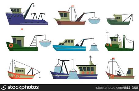 Fishermen boats and trawlers set. Ships in sea with crane for lifting net with fish. Vector illustration for commercial fishing, food industry, transportation concept