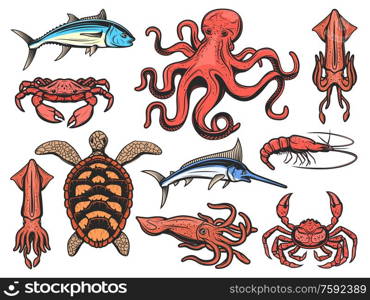 Fishes and marine animals icons, underwater world and fishing. Vector seafood squid, shrimp and prawn, octopus and lobster crab, sea turtle, ocean marlin or swordfish, tuna and cuttlefish. Fishes, underwater animals and seafood fishing