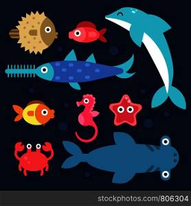 Fishes and others underwater animals. Stylized flat illustrations. Underwater sea fish, ocean nature, dolphin and seahorse vector. Fishes and others underwater animals. Stylized flat illustrations