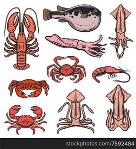 Fishes, seafood and marine animals, oceanarium underwater world and fishing. Vector seafood squid, shrimp and prawn, octopus and lobster crab, fugu puffer fish, ocean cuttlefish. Seafood and ocean fishes, fishing and oceanarium