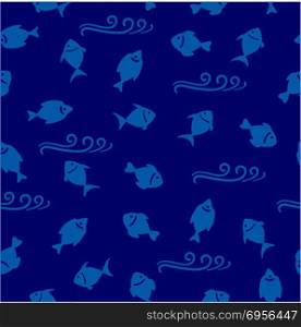 Fishes seamless pattern. Just seamless pattern on the marine themed. Simple fishes on blue background with waves. Vector illustration