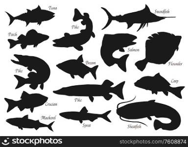 Fishes, silhouette vector icons, ocean, river or sea and lake fishing fish. Pike, tuna or crucian, swordfish and flounder, carp, sheatfish and bream, perch and pike. Silhouette of fishes, sea and river fishing icons