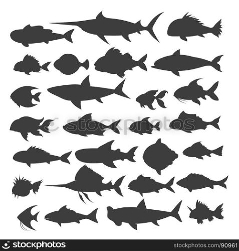 Fishes silhouettes set. Fishes silhouettes. Fish of different shapes isolated on white background, vector illustration