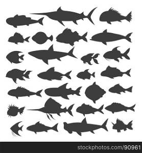 Fishes silhouettes set. Fishes silhouettes. Fish of different shapes isolated on white background, vector illustration