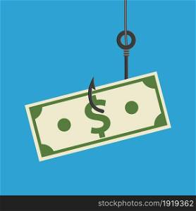 Fishhook business concept - money symbol as trap. Deception, a trap on the hook. Vector illustration in flat style. Fishhook business concept