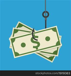 Fishhook business concept - money symbol as trap. Vector illustration in flat style. Fishhook business concept
