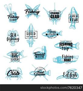 Fishing and fish catch lettering. Vector calligraphy symbols of fishery sport, fishing tackles and seafood squid, lobster crab and fisherman equipment hooks, and rods for marlin, tuna or salmon. Fishing season, fisher sport camp lettering