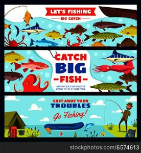 Fishing banner with fisherman and fish on hook. Fisher with rod and fish catch on river bank, freshwater perch, pike and carp, marlin, salmon and trout for fishing sport club camp design. Fishing banner with fisherman, fish, rod and hook