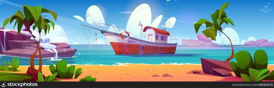 Fishing boat at sea or ocean shore. Cartoon vector summer sunny landscape with palm trees on sandy beach, ship and rocks in water, blue sky with clouds. Fisher vessel for aquaculture in lagoon.. Fishing boat at sea or ocean shore.