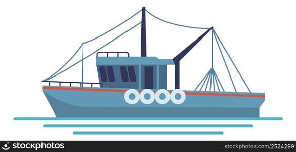 Fishing boat flat icon. Trawl freight ship isolated on white background. Fishing boat flat icon. Trawl freight ship