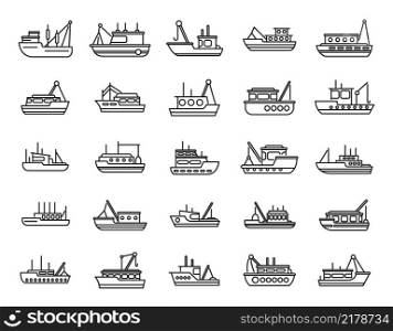 Fishing boat icons set outline vector. Cargo marine. Ocean ship. Fishing boat icons set outline vector. Cargo marine