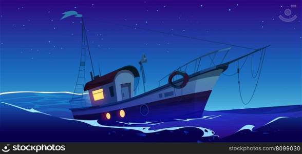 Fishing boat in sea or ocean at night. Fisherman ship, trawler on water waves. Night seascape with marine vessel and starry sky, vector cartoon illustration. Fishing boat in sea or ocean at night