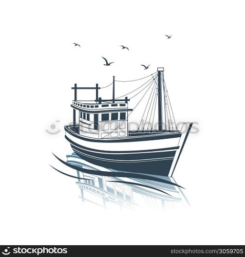 Fishing Boat side view on sea , vector illustration
