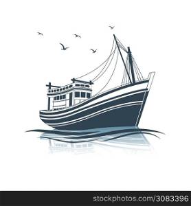 Fishing Boat side view on sea , vector illustration
