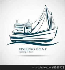 fishing boat used as a vehicle for finding fish in the sea.hand drawn vector