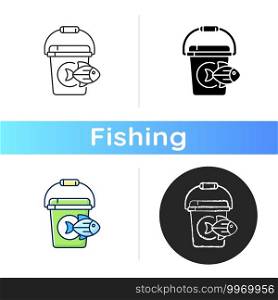 Fishing bucket icon. Basic fishing equipment. Trophy catching. Live fish storage. Hobby and leisure activities. Fishing with live bait. Linear black and RGB color styles. Isolated vector illustrations. Fishing bucket icon