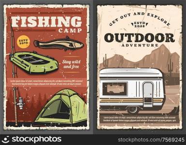 Fishing camp and outdoor camping in pickup, retro vector poster. Fishery sport, inflatable boat with paddles, travel tent, van, fish and fishing equipment. Vehicle in desert mountains, cactuses, trees. Outdoor adventure, fishery sport, camping van