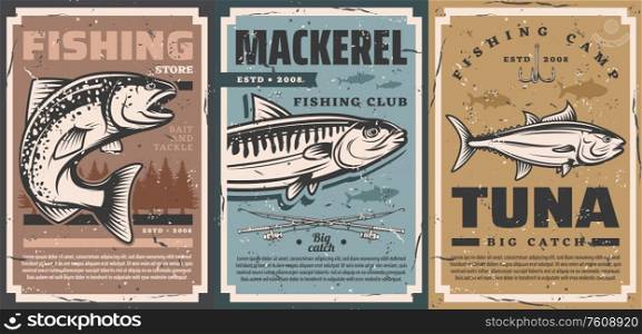 Fishing camp club and fisher equipment store vector vintage retro posters. Fishing rods and lures hooks for river pike, ocean tuna and sea mackerel big fish catch. Fishing camp, fisher equipment lures store posters