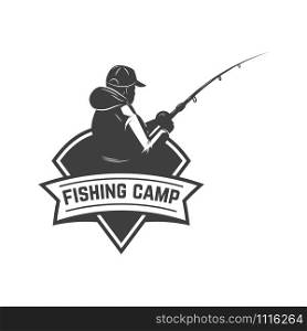 Fishing camp. Emblem template with fisherman. Design element for logo, label, sign, poster. Vector illustration