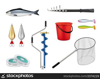 Fishing. Camping recreation items hooks spinner fishing rod butterfly decent vector realistic pictures set. Illustration fishing spinner and hook, bait and reel. Fishing. Camping recreation items hooks spinner fishing rod butterfly decent vector realistic pictures set