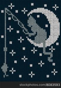 Fishing cat sitting on the moon on the background of dark blue sky with stars, childish knitting fabric vector pattern in muted hues