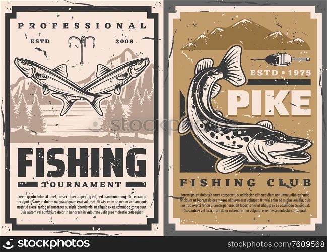 Fishing club and fisher big fish catch tournament, vector retro vintage posters. Lake pike and perch fishing, lures and tackles, rod hooks and floater. Retro posters, pike fishing club tournament